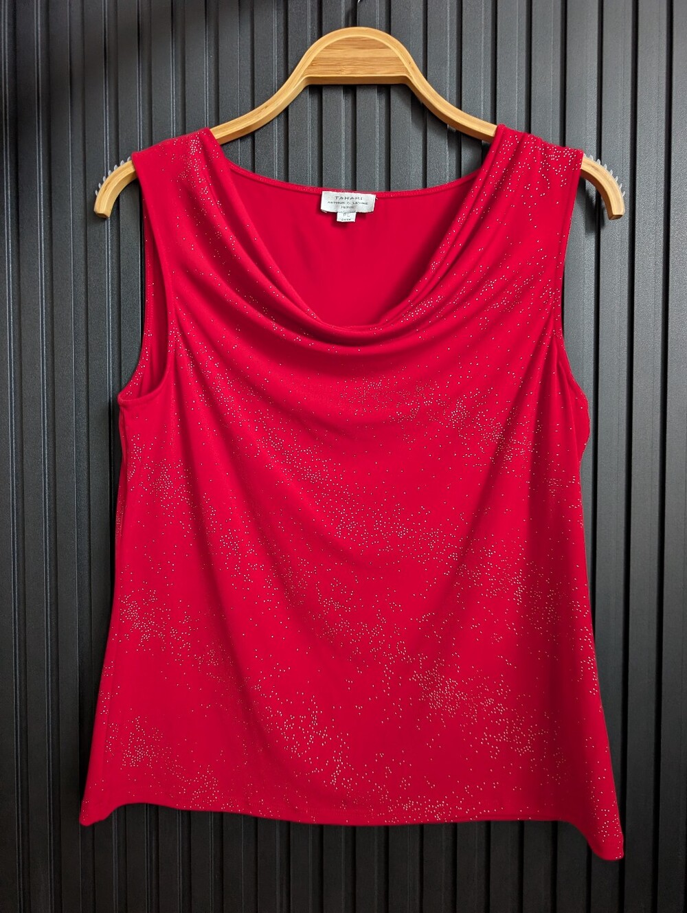 Tahari Red Sparkly sleeveless Blouse With cowl neckline Size LP